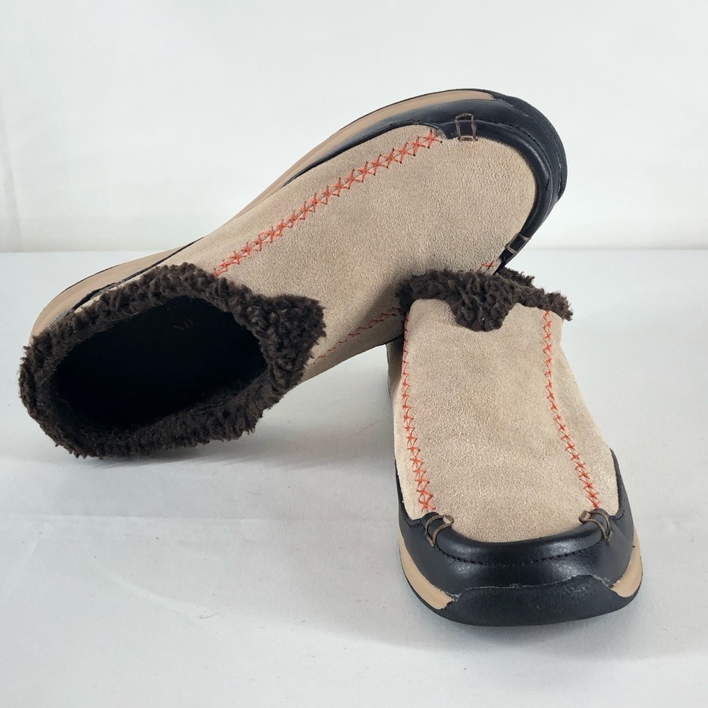 Lands' End Cozy Tan and Black Slip-On Shoes Fur Lined Size 8B